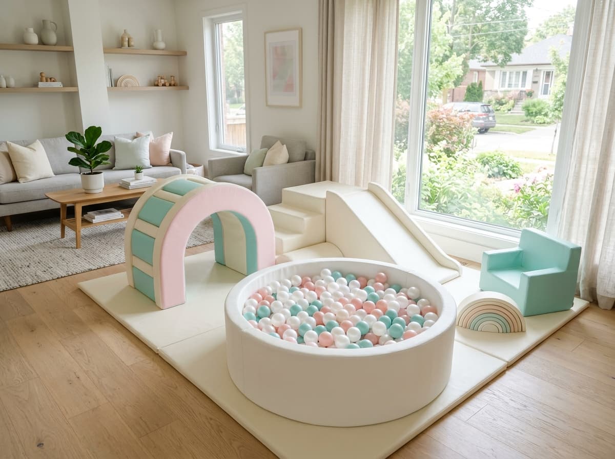 Pastel soft play zone and ball pit installed inside a sunlit Toronto condo party room